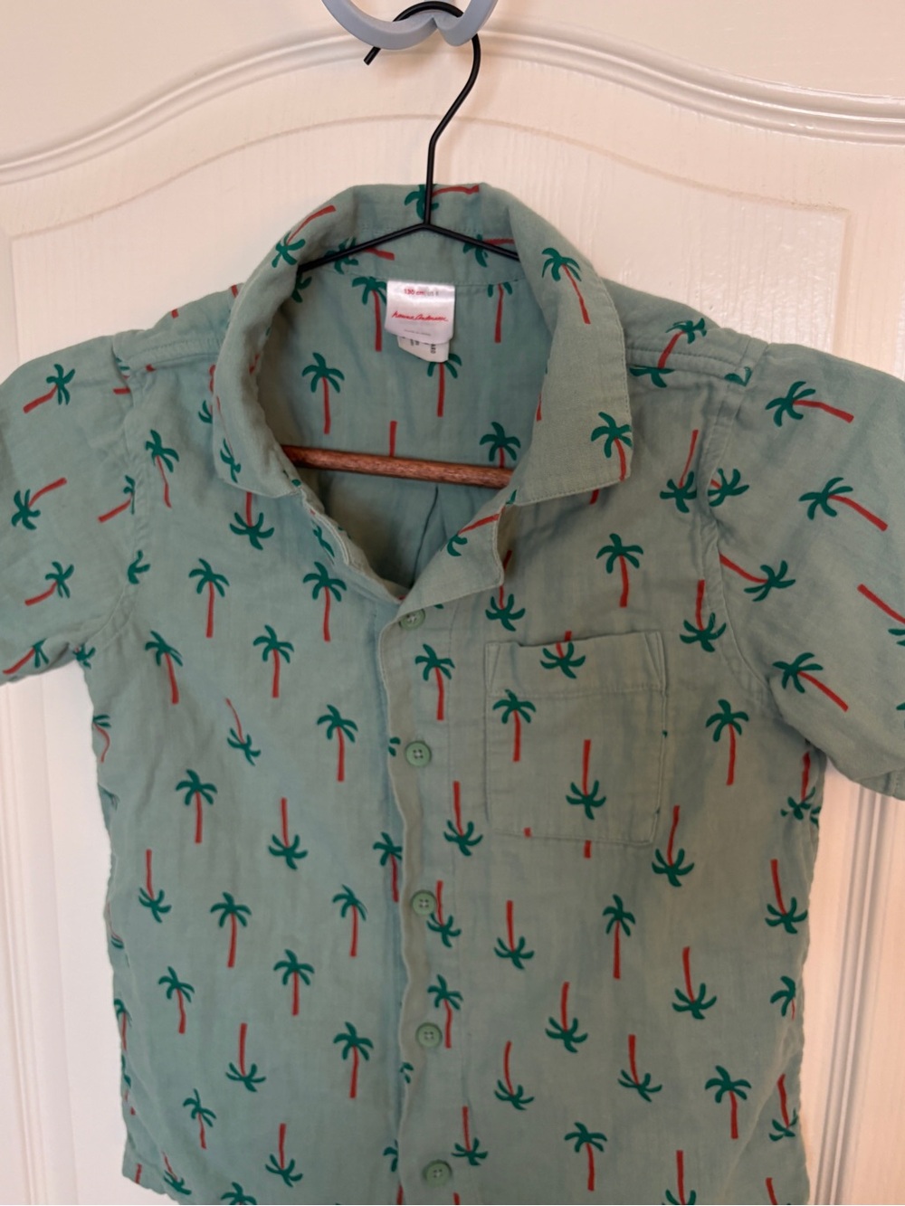 Hanna Andersson Boys Green Palm Tree Tropical Short Sleeve Button Up size 8